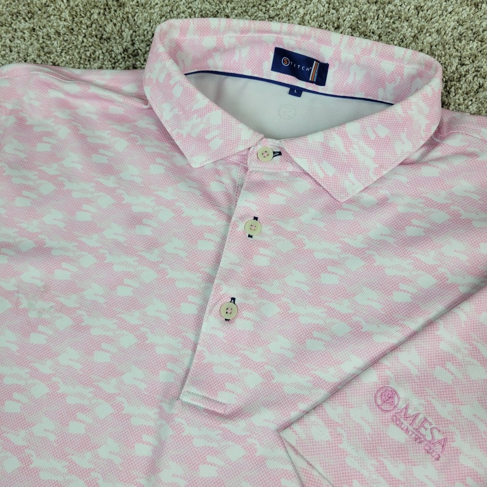 Stitch Mens Large Pink White Camo Performance Stretch Button Down Golf Polo SS
